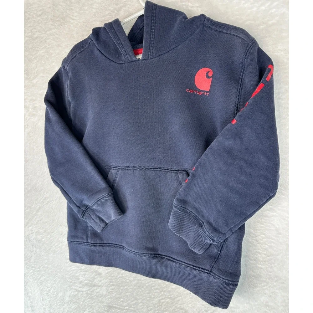 Carhartt Hoodie Boys Size 5 Navy Blue Red Logo Sleeve Graphic Pullover
